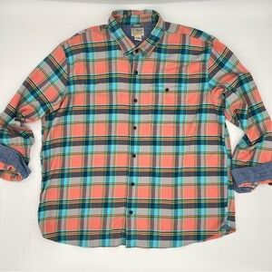 L.L. Bean Men’s XL Plaid Button-Up Shirt – Coral & Teal – Traditional Fit